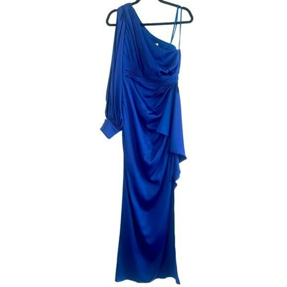 Ileena Mac Duggal One Shoulder Long Sleeve Sapphire Blue Maxi Dress Formal Gown - Picture 5 of 9